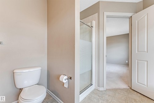 Bathroom featuring a glass-enclosed shower with tiled surround, white toilet, and patterned floor tiling - 1431 Hodgson Way, Edmonton, AB - Indoor Photo Showing Bathroom