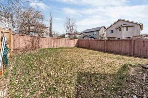 Expansive rear yard featuring a wooden privacy fence, established grass, and mature trees beyond the fence line - 1431 Hodgson Way, Edmonton, AB - Outdoor