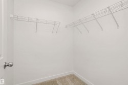 Walk-in closet featuring light beige carpeting, white wire shelving, and crisp white walls - 