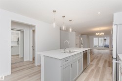 Spacious kitchen island featuring a double-basin stainless steel sink, contemporary faucet, and light gray cabinetry - 
