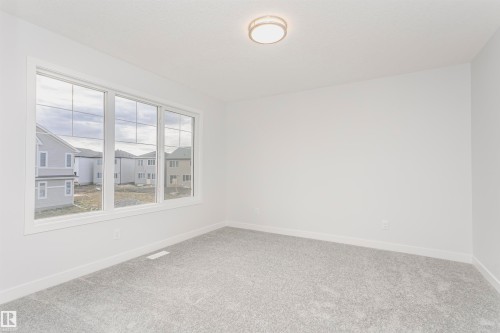 Windowed interior space featuring light gray carpeting, white baseboards, and a contemporary flush-mount ceiling light fixture - 9564 Carson Bend Bend, Edmonton, AB - Indoor Photo Showing Other Room