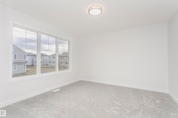 Windowed interior space featuring light gray carpeting, white baseboards, and a contemporary flush-mount ceiling light fixture - 