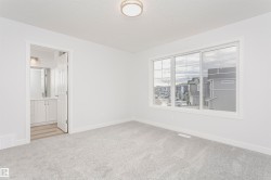 Plush gray carpeting throughout, featuring a three-panel window with white trim and a ceiling-mounted light fixture - 