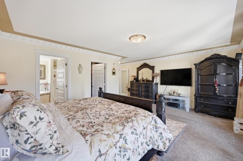 Carpeted bedroom featuring crown molding, recessed ceiling details, and dual doorways - 3105 65 Street, Beaumont, AB - Indoor Photo Showing Bedroom