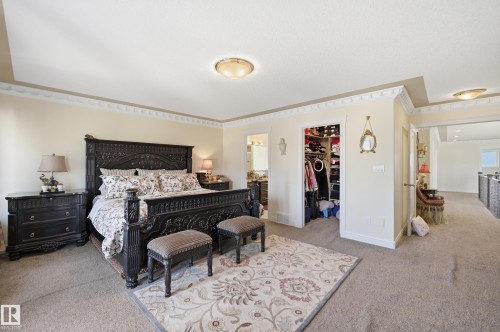 Spacious carpeted room featuring a tray ceiling with crown molding, an open closet with built-in shelving, and a recessed lighting fixture - 3105 65 Street, Beaumont, AB - Indoor Photo Showing Bedroom