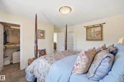 Carpeted room with a built-in closet featuring white shelving and a paneled door - 