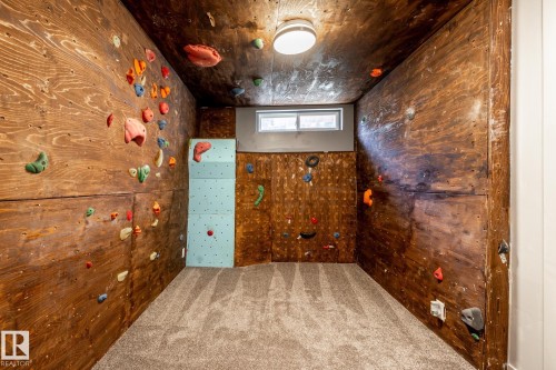 Dedicated climbing room featuring wood-paneled walls with various climbing holds, a carpeted floor, and a transom window - 7 Doolan Place, St. Albert, AB - Indoor