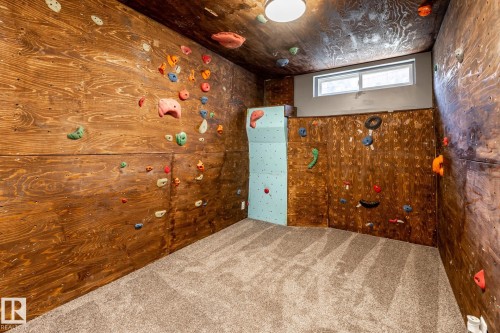 Dedicated climbing room featuring textured wood-finish walls and ceiling - 7 Doolan Place, St. Albert, AB - Indoor Photo Showing Other Room