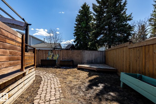 Backyard featuring a paver stone pathway, wooden deck structure, privacy fencing, and mature evergreen trees - 7 Doolan Place, St. Albert, AB - Outdoor