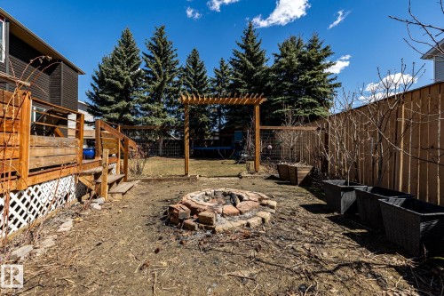 Expansive backyard featuring a brick fire pit, wood pergola, and mature evergreen trees - 7 Doolan Place, St. Albert, AB - Outdoor