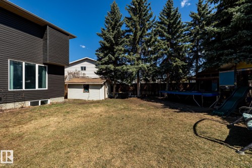 Expansive backyard featuring a manicured lawn, a storage shed, and mature evergreen trees providing natural screening - 7 Doolan Place, St. Albert, AB - Outdoor