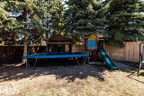 Expansive fenced backyard featuring mature evergreen trees and a dedicated play area - 7 Doolan Place, St. Albert, AB - Outdoor With Backyard
