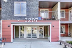 Building entrance featuring a multi-pane glass door system, stone veneer, and horizontal panel siding - 