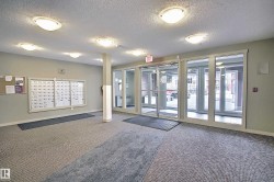 Entry foyer featuring patterned carpeting, multiple flush-mount ceiling lights, and a wall-mounted mailbox system - 