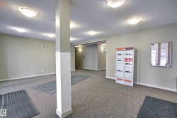 Building common area featuring wall-to-wall carpeting, multiple flush-mount ceiling lights, and a central structural column - 