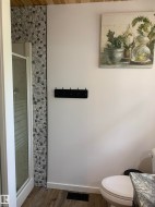 Shower enclosure with glass panels, pebble-style accent wall, wood-finish flooring, and white baseboards - 