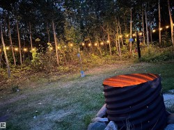 Expansive exterior space featuring a natural tree line, string lighting, and a circular corrugated metal fire pit surrounded by stone - 