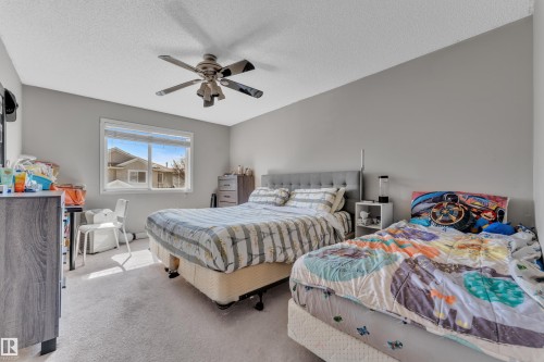 Carpeted bedroom featuring a window with white blinds, a ceiling fan with integrated lighting, and light grey painted walls - 64 4350 23 Street, Edmonton, AB - Indoor Photo Showing Bedroom