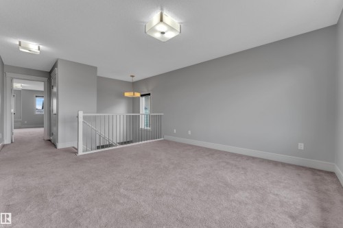Open loft space featuring plush carpeting, contemporary gray wall paint, and white trim - 3363 13 Avenue, Edmonton, AB - Indoor Photo Showing Other Room