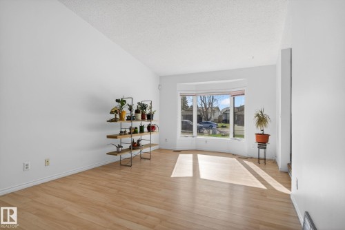 Bright living area featuring wood-finish flooring, a large bay window, and a vaulted ceiling - 8403 190 Street, Edmonton, AB - Indoor