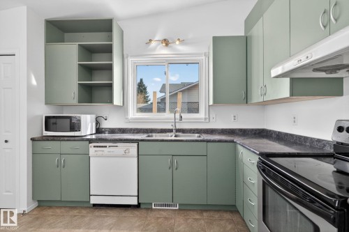 Kitchen featuring sage green cabinetry, dark countertops, a double basin sink, and a built-in dishwasher - 8403 190 Street, Edmonton, AB - Indoor Photo Showing Kitchen With Double Sink