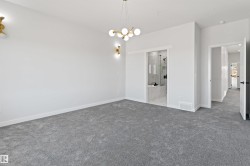 Spacious room with plush gray carpeting, contemporary brass chandelier, and two coordinating brass sconces - 