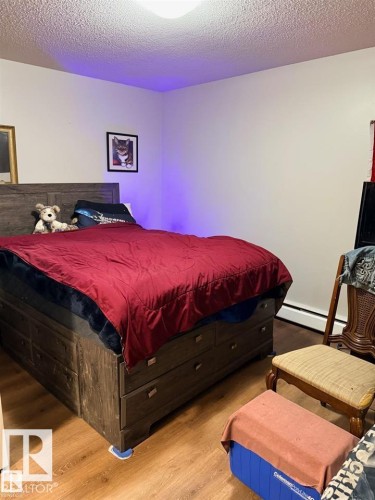 Room featuring wood-finish flooring, light-colored walls, and a textured ceiling - 106 10725 111 Street, Edmonton, AB - Indoor Photo Showing Bedroom
