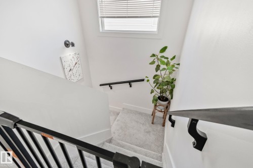 Carpeted staircase featuring black metal railings and a white window with blinds - 53 2503 24 Street, Edmonton, AB - Indoor Photo Showing Other Room