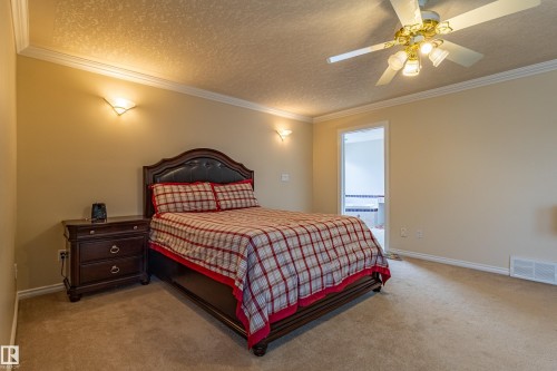 Carpeted room with crown molding and textured ceiling - 195 Kulawy Drive, Edmonton, AB - Indoor Photo Showing Bedroom