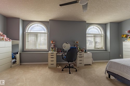 Broadloom carpeting with two arched windows featuring transom detailing - 195 Kulawy Drive, Edmonton, AB - Indoor
