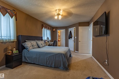 Carpeted bedroom featuring multiple white interior doors, a built-in wall-mounted television, and a three-light ceiling fixture - 195 Kulawy Drive, Edmonton, AB - Indoor Photo Showing Bedroom