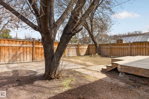 Expansive backyard featuring a wood deck, flagstone pathway, and mature trees - 8722 112 Avenue, Edmonton, AB - Outdoor