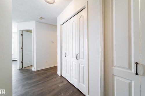Entryway featuring wood-finish flooring, white paneled doors with dark hardware, and a ceiling-mounted light fixture - 302 9138 83 Avenue, Edmonton, AB - Indoor Photo Showing Other Room