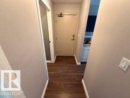Entryway featuring wood-finish flooring, light gray wall paint, white trim, and a robust entry door with visible hardware - 201 11324 97 Street Nw, Edmonton, AB - Indoor Photo Showing Other Room