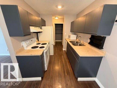 Galley kitchen featuring wood-finish flooring, dark gray cabinetry, light countertops, and white appliances - 201 11324 97 Street Nw, Edmonton, AB - Indoor Photo Showing Kitchen With Double Sink