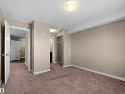 Carpeted interior space featuring neutral wall tones, white trim, a semi-flush mount ceiling light, and an open closet area with shelving and a hanging rod - 417 1060 Mcconachie Boulevard, Edmonton, AB - Indoor Photo Showing Other Room