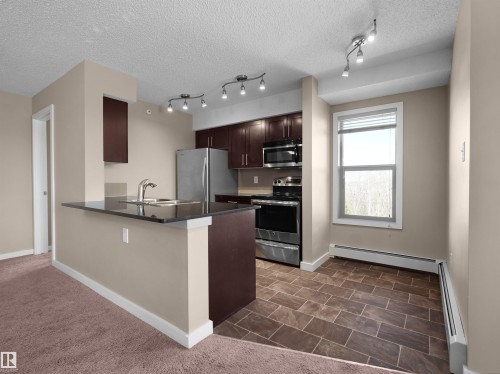 Open-concept living area featuring plush carpeting, neutral wall tones, and a drum-shaped ceiling light fixture - 417 1060 Mcconachie Boulevard, Edmonton, AB - Indoor Photo Showing Other Room