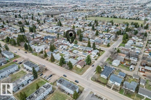 Aerial perspective of a residential street with detached homes and mature trees - 13107 133 Street, Edmonton, AB -  With View