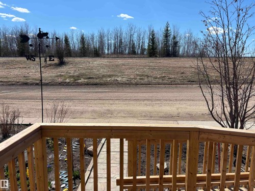 Exterior wooden deck railing with a decorative weather vane, stone pathway, and natural landscaping beyond - 4824 49 Avenue, Sangudo, AB - Outdoor With View