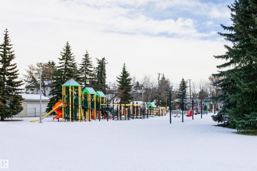 Community playground featuring swings and slides, surrounded by mature evergreen trees - 211 10808 71 Avenue, Edmonton, AB - Outdoor