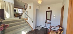 Split-level entry featuring a carpeted staircase with an ornamental wrought iron railing, a brass handrail, and wood trim - 