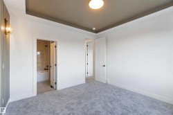 Spacious room featuring light gray carpeting, a tray ceiling with a dark accent, and a contemporary wall sconce - 