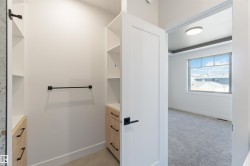 Walk-in closet with built-in shelving, light wood-finish drawers, and matte black hardware - 