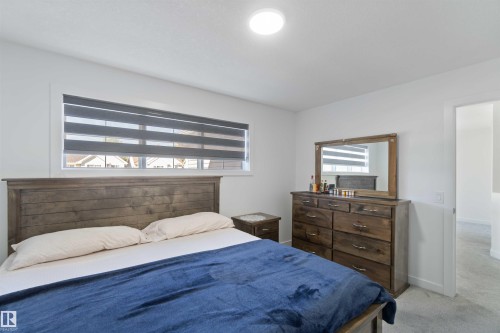 The room features a window with blinds, light gray carpeting, and a round overhead light fixture - 1017 82 Street, Edmonton, AB - Indoor Photo Showing Bedroom