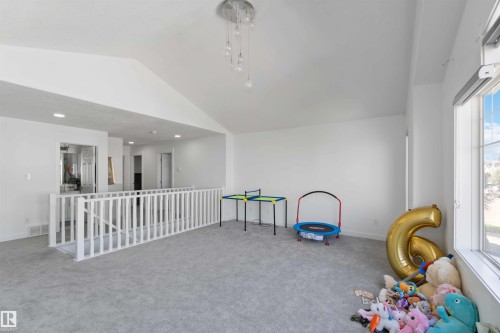 This spacious area features light grey carpeting, white walls, and a white railing overlooking the lower level - 1017 82 Street, Edmonton, AB - Indoor Photo Showing Other Room
