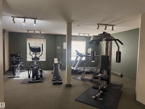 Fitness area featuring a variety of exercise equipment, carpeted flooring, and windows with blinds - 101 9760 174 Street, Edmonton, AB - Indoor Photo Showing Gym Room