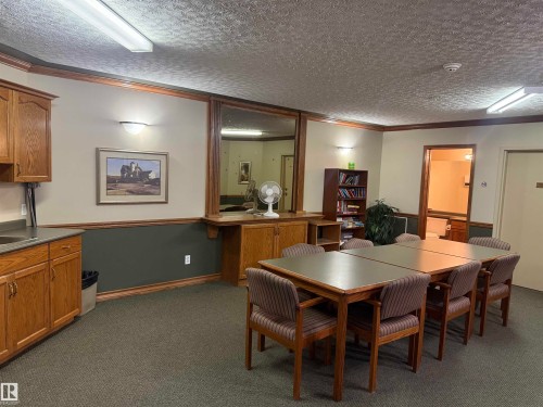 This versatile space features a built-in wooden kitchenette with a sink, overhead and under-counter cabinetry, and a carpeted floor - 101 9760 174 Street, Edmonton, AB - Indoor