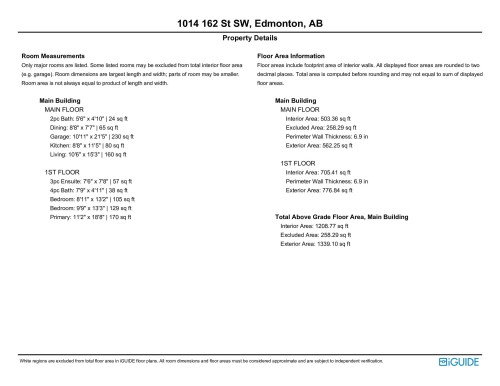 Property Details. Presenting room measurements and floor area information for the property - 1014 162 St Sw, Edmonton, AB - Other