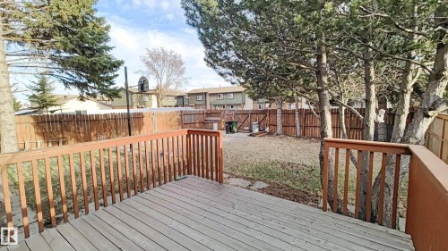 Expansive wood deck overlooking a fenced backyard with mature trees - 3031 79 Street Nw, Edmonton, AB - Outdoor With Deck Patio Veranda
