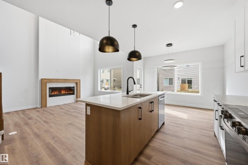 3218 Dixon Way, Edmonton, AB - Indoor Photo Showing Kitchen With Fireplace With Double Sink With Upgraded Kitchen